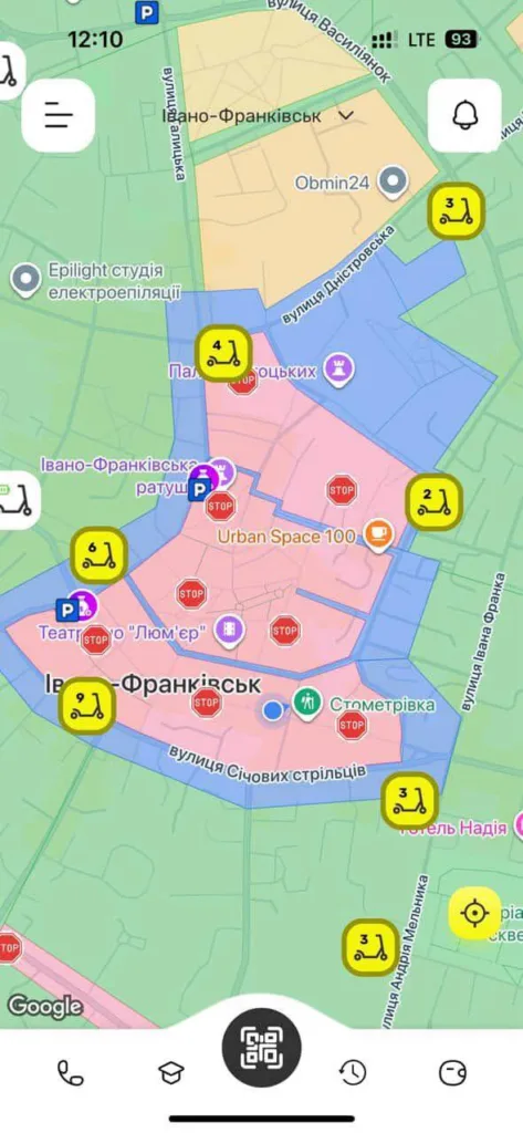 Карта Івано-Франківська з зонами прокату самокатів