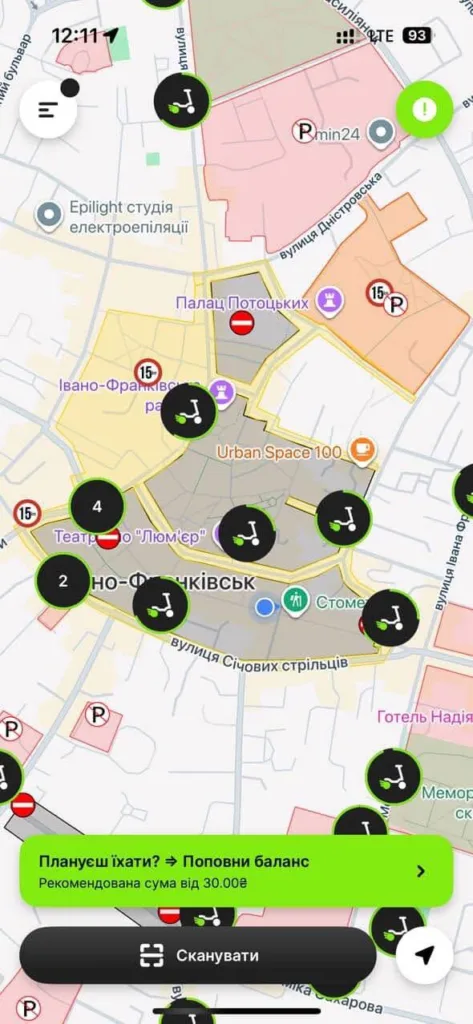 Карта прокату електросамокатів Івано-Франківськ