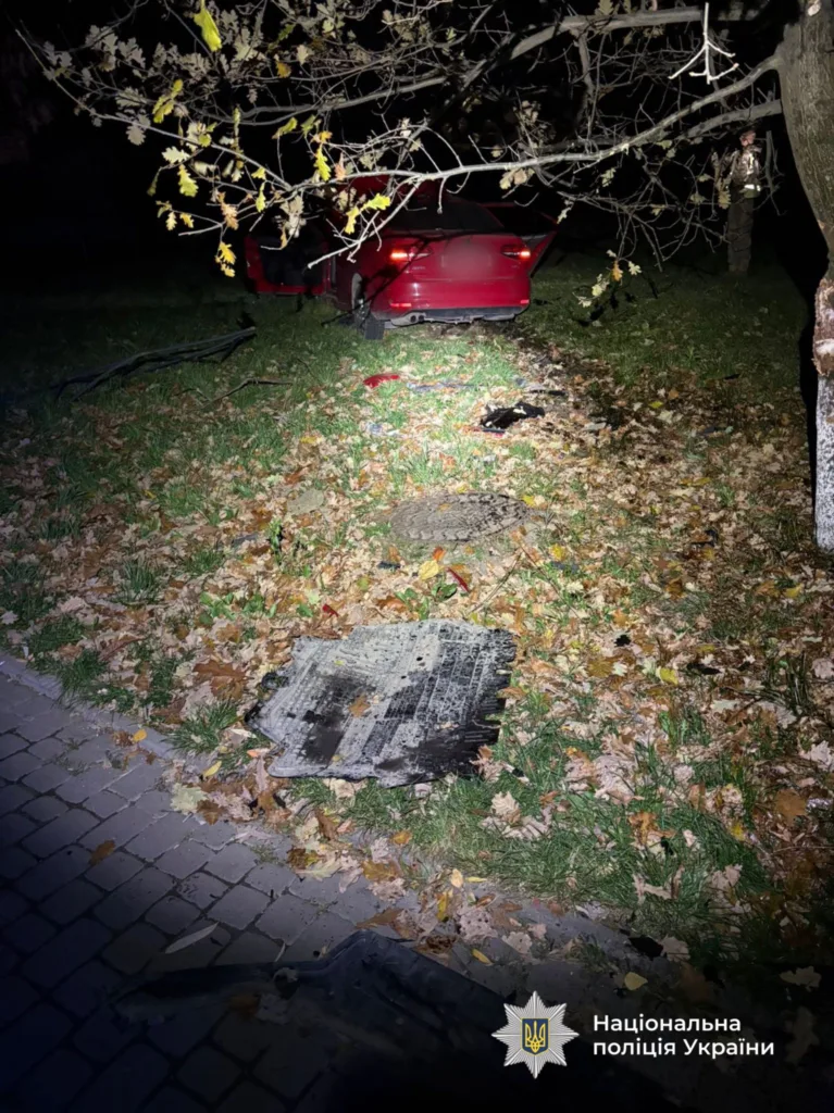 ДТП з червоним автомобілем уночі під деревом