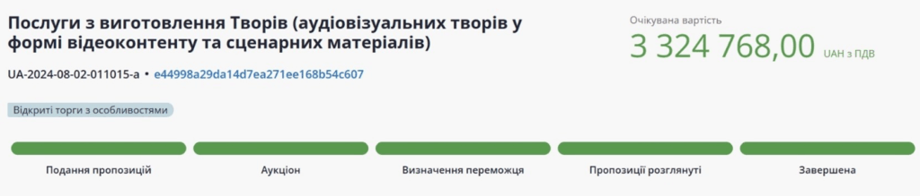 Тендер на відеоконтент, очікувана вартість 3,324,768 грн.