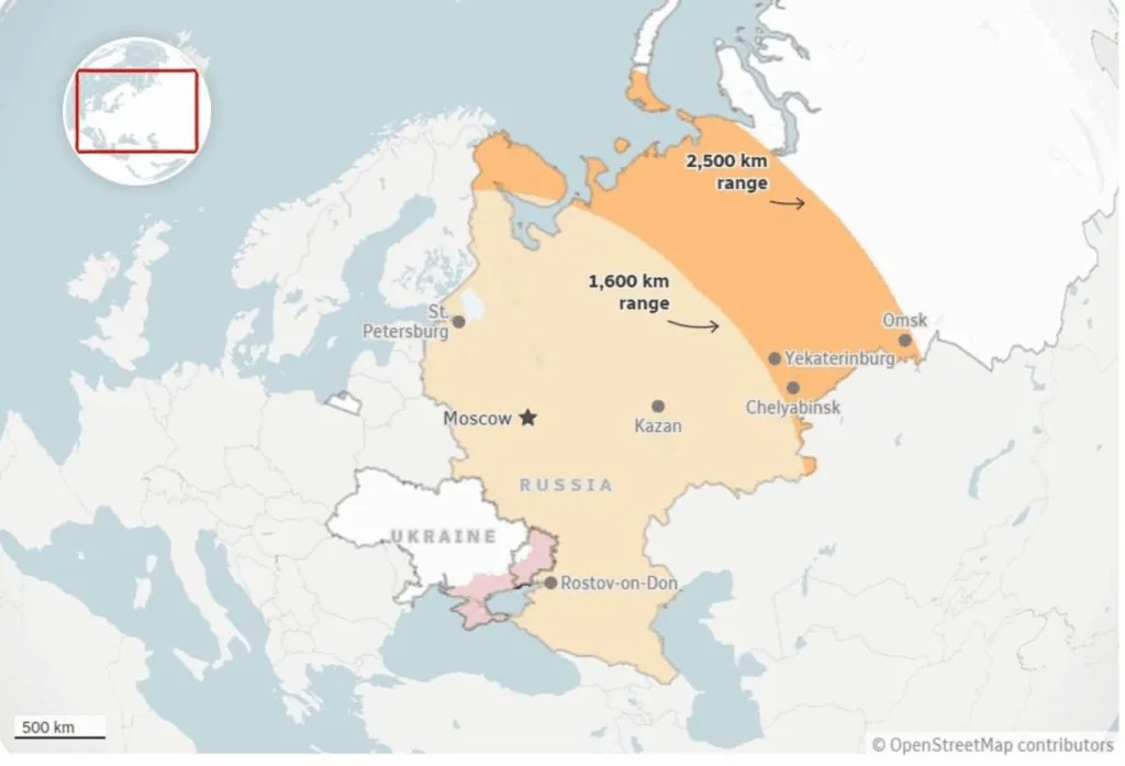 Карта Росії з показом радіусів дальності