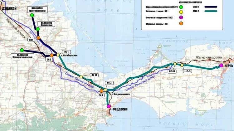 Карта водопостачання Криму з каналами та станціями