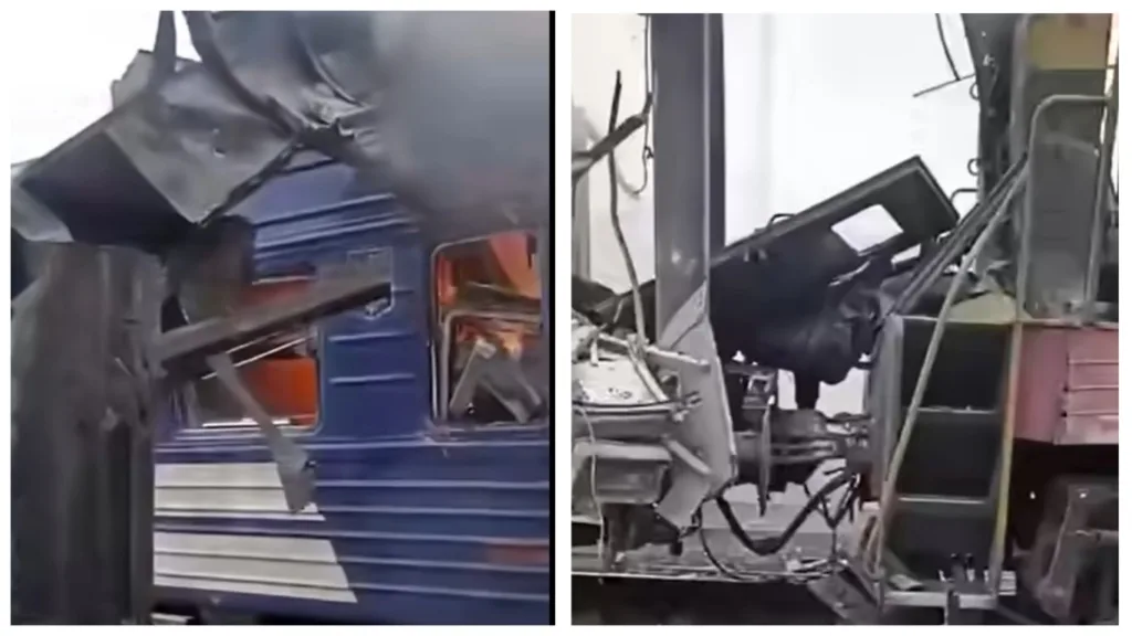 Залізничний вагон пошкоджено зіткненням з металевою конструкцією.