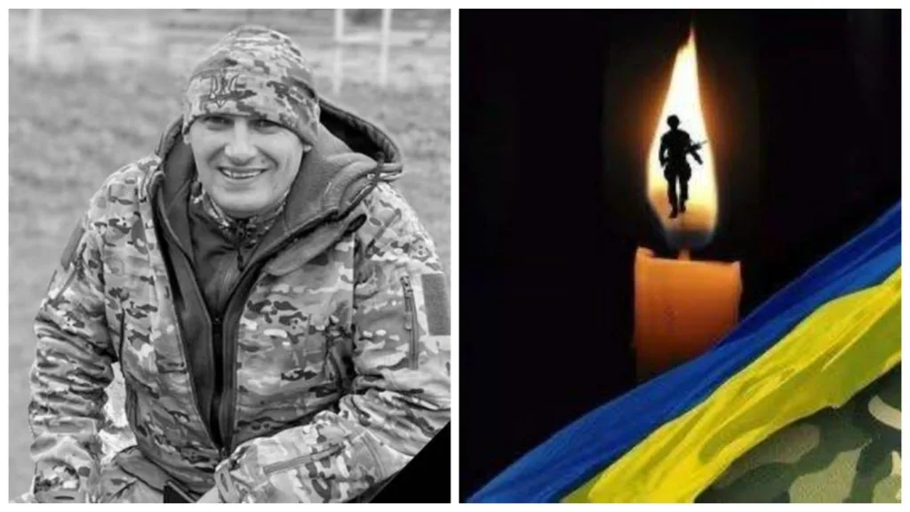 Військовий у камуфляжі, свічка, український прапор.