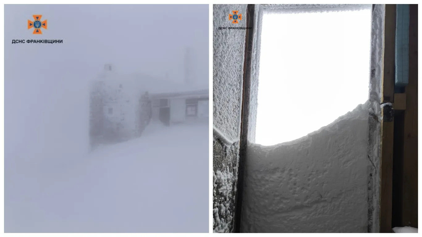 Засніжена будівля та заметені двері в Карпатах