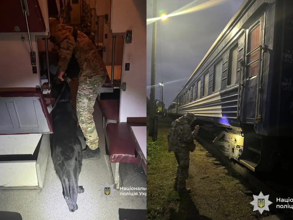 Поліцейські перевіряють потяг із службовим собакою