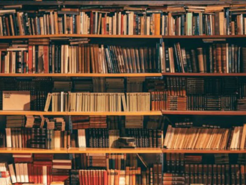 Полиці з книгами у бібліотеці