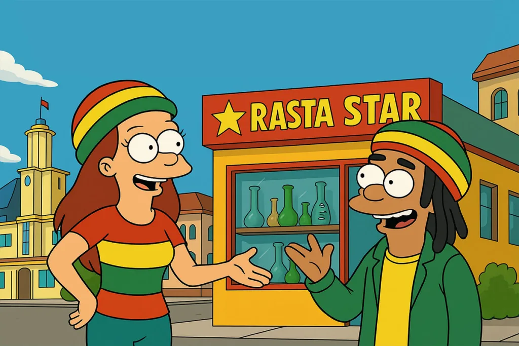 Двоє мультяшних друзів розмовляють біля магазину Rasta Star
