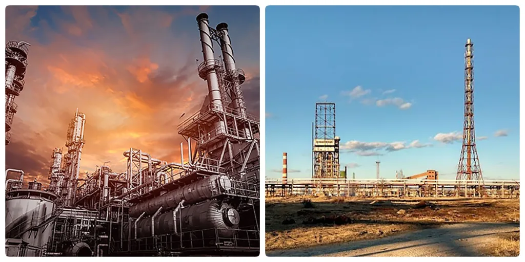 Промислові заводи та труби на заході сонця