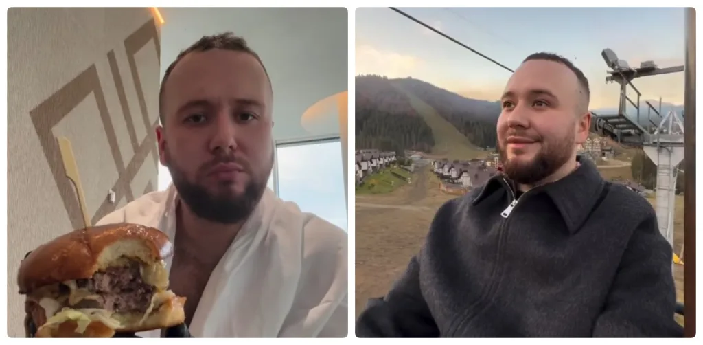 Чоловік їсть бургер і катається на підйомнику