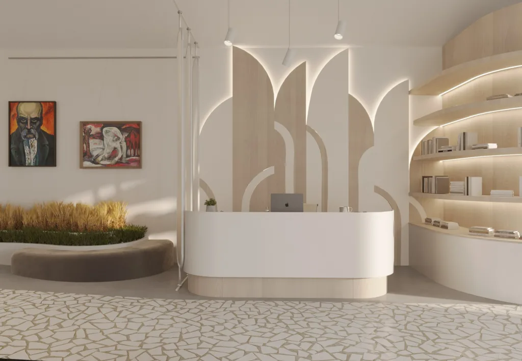 Сучасна reception-зона з дерев'яним декором і полицями