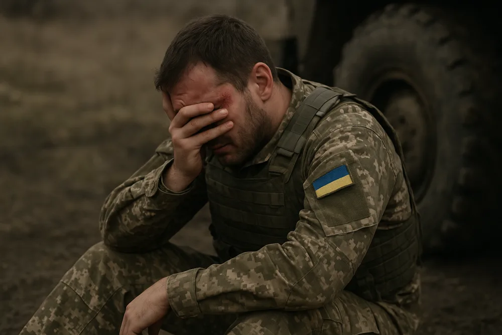 Український військовий сидить засмучений на полі бою