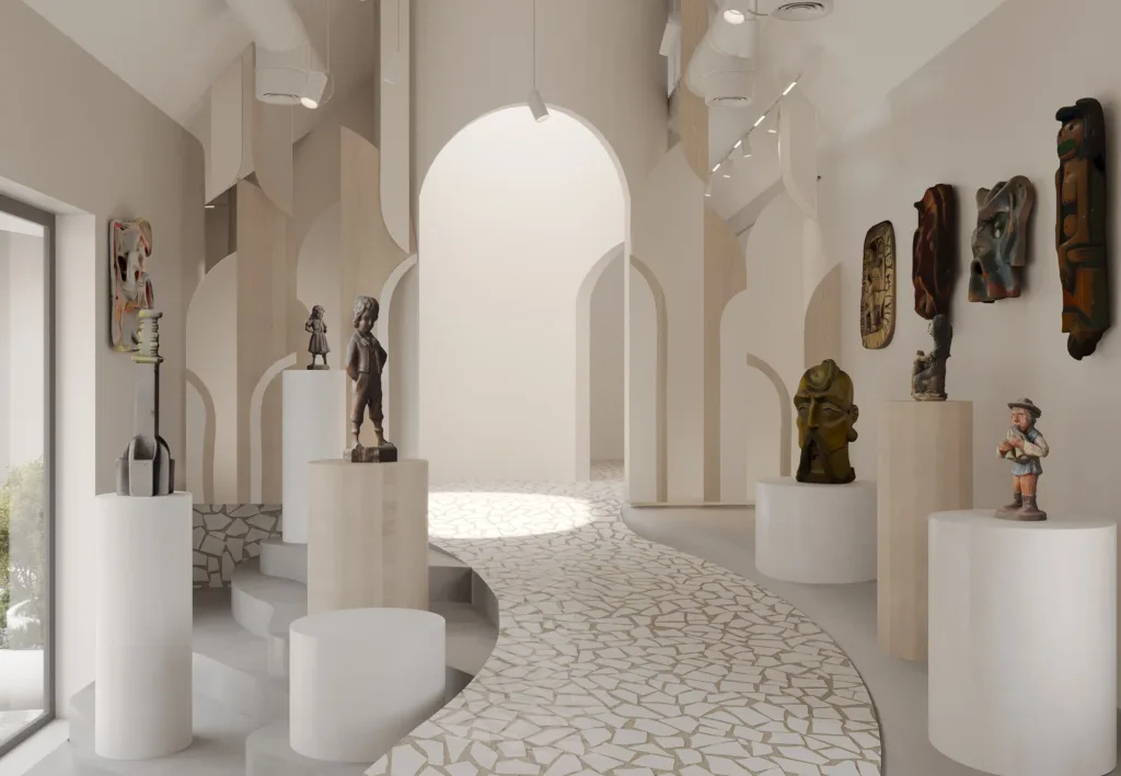 Сучасна галерея зі скульптурами та мистецькими експонатами