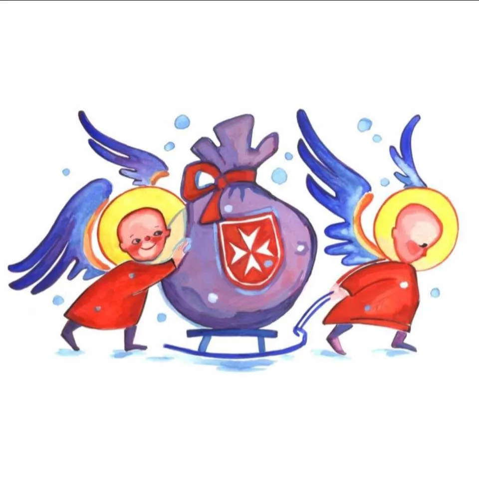 Ангели тягнуть санки з великим мішком подарунків