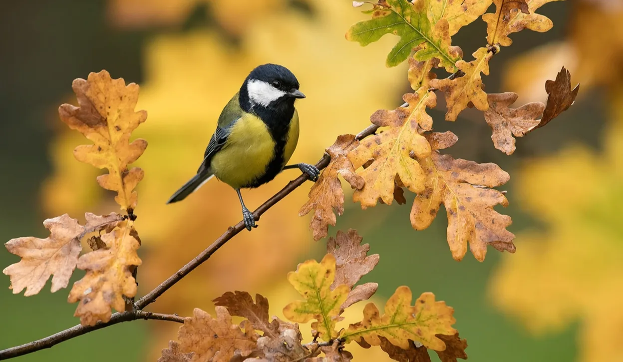 Синиця на гілці серед осіннього листя
