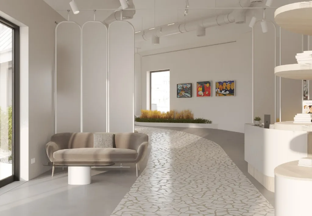 Сучасний інтер'єр галереї з м'яким диваном