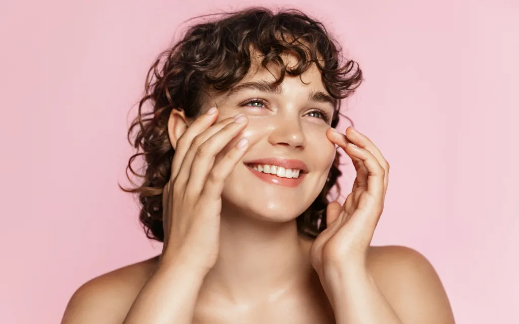 Жінка з посмішкою доглядає шкіру обличчя