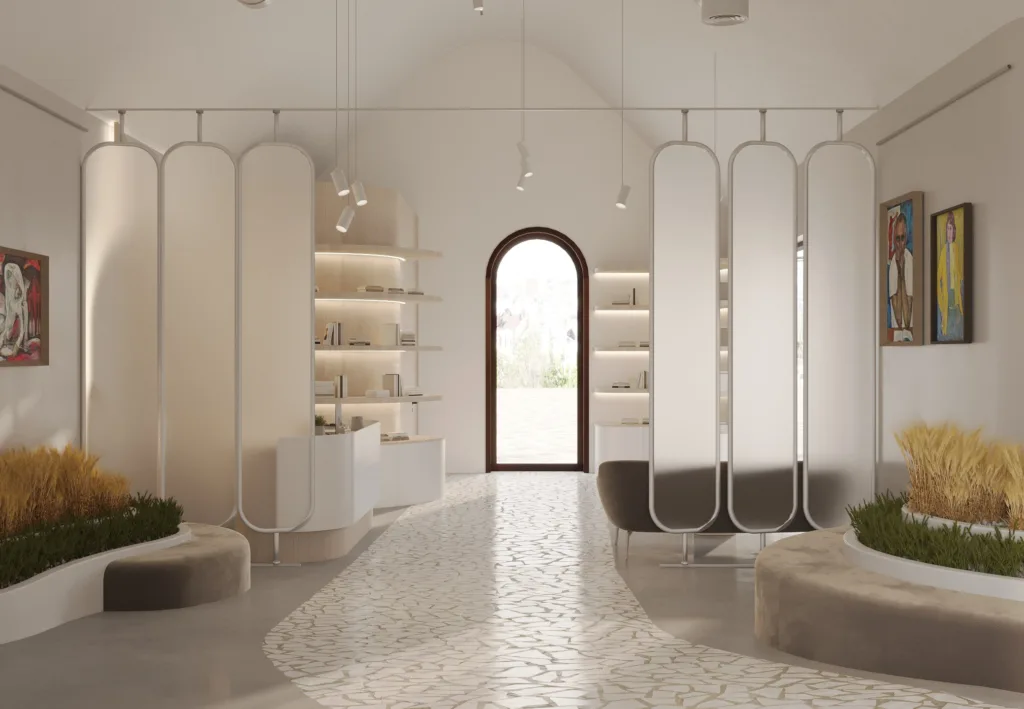 Сучасний світлий інтер'єр з аркою та декором