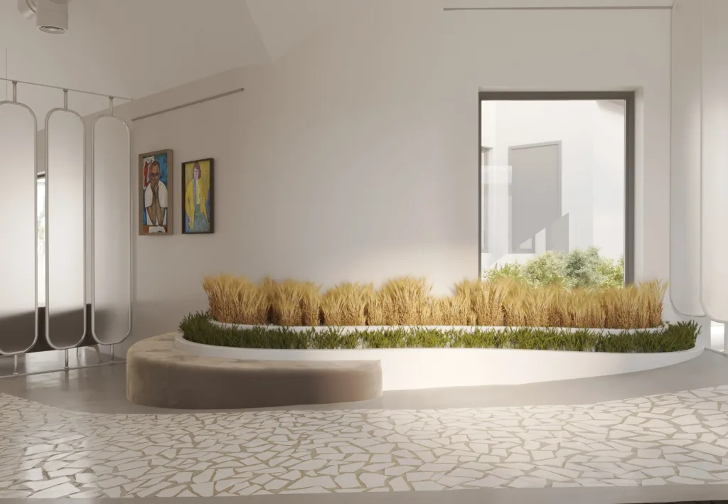 Світлий інтерʼєр з декоративними рослинами та картинами