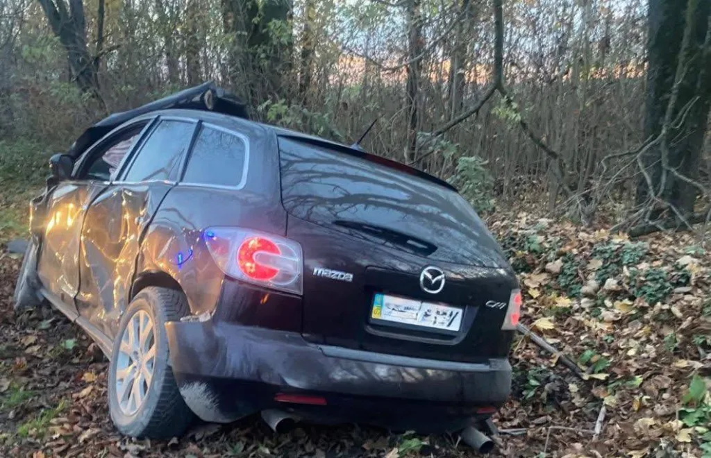 Пошкоджена Mazda CX-7 після аварії в лісі