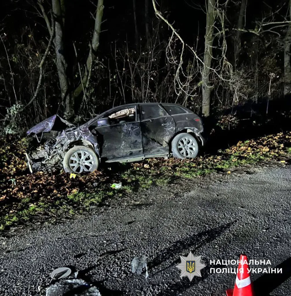 Аварія легкового автомобіля біля лісу вночі