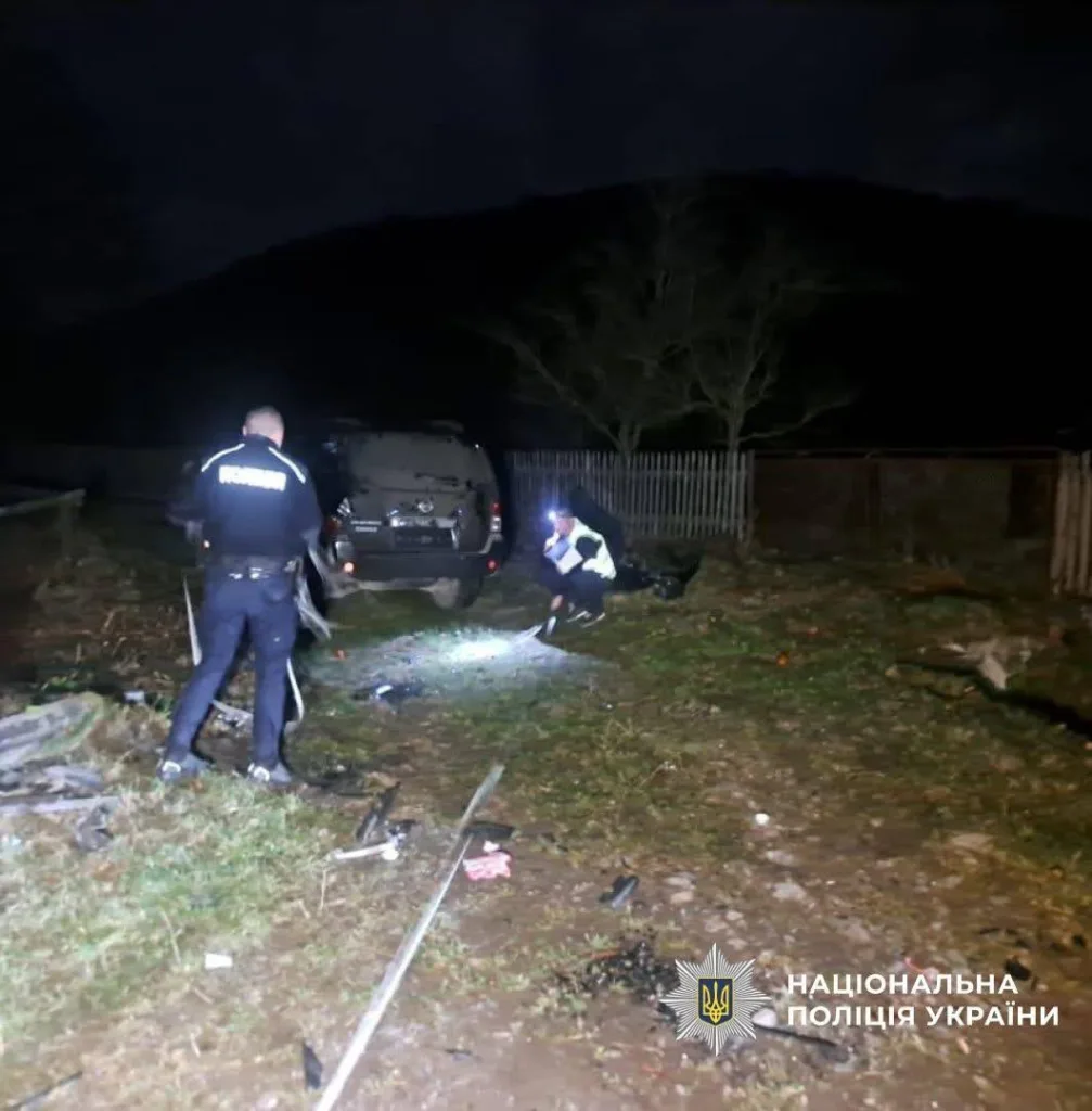 Поліцейські оглядають місце дорожньо-транспортної пригоди вночі