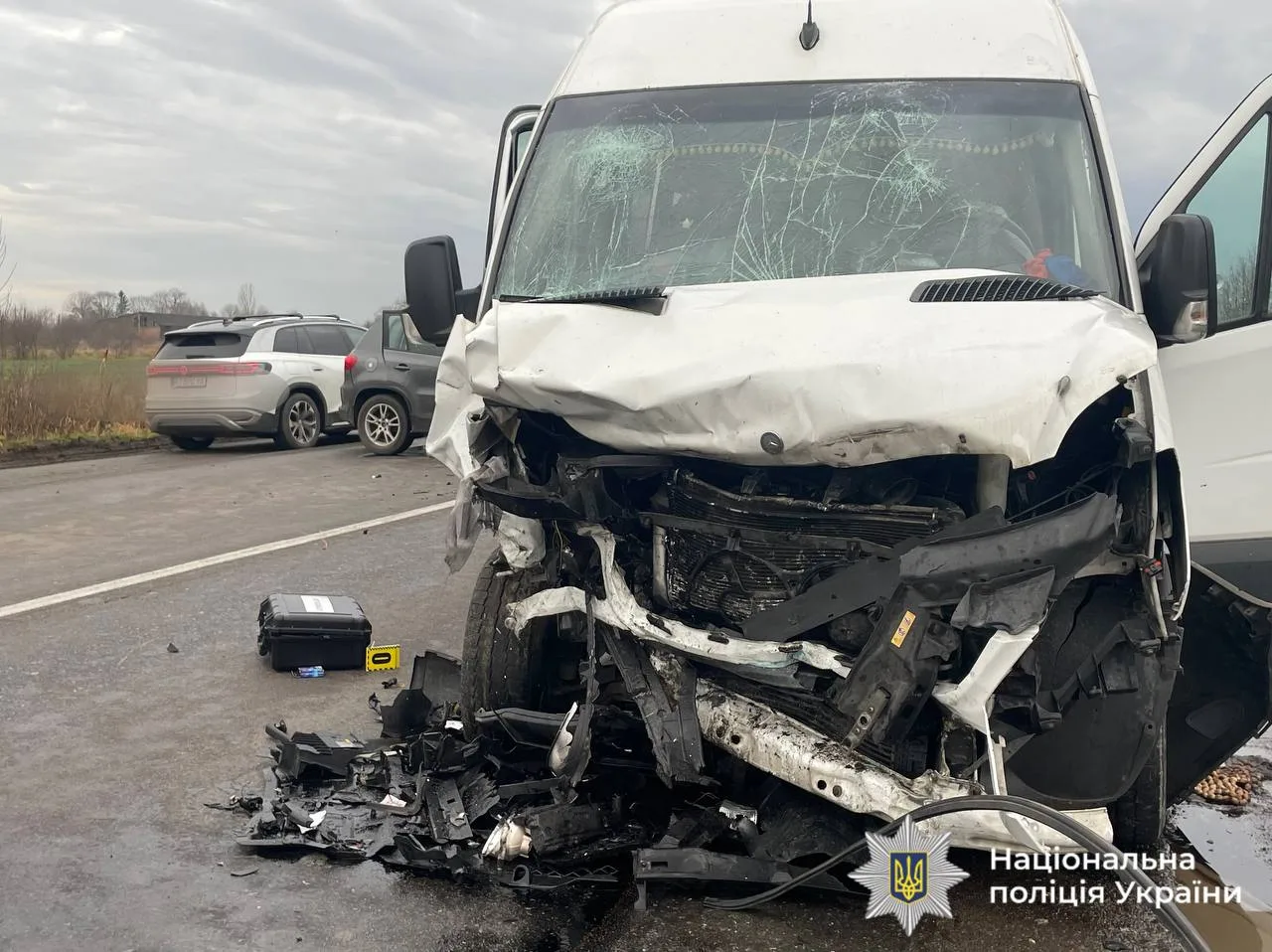 ДТП з пошкодженим білим мікроавтобусом на дорозі