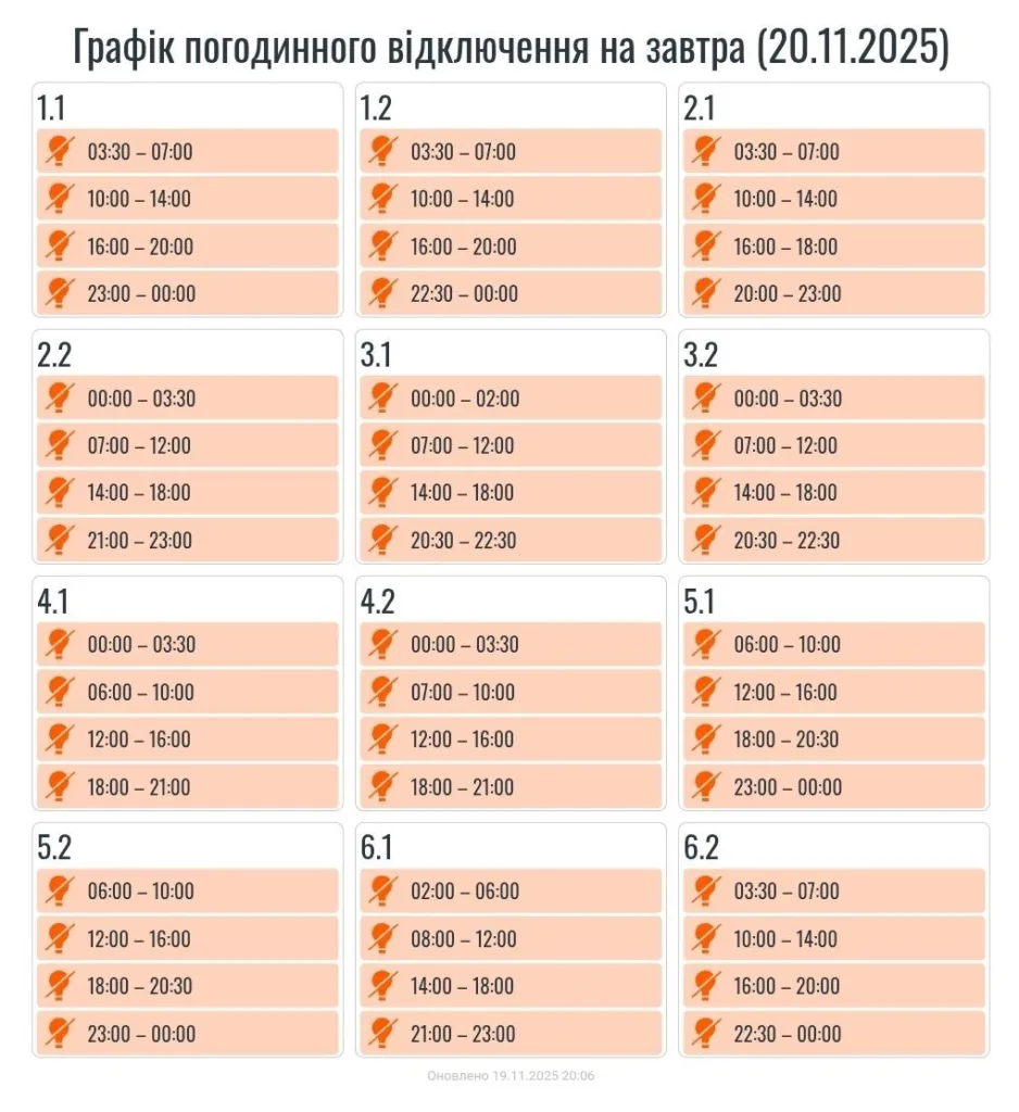 Графік відключення електроенергії на 20 листопада 2025