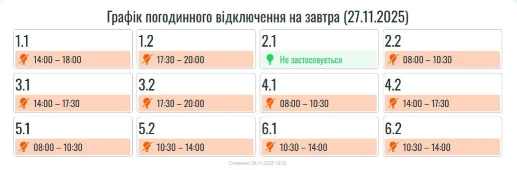 Графік відключення електроенергії на 27 листопада 2025