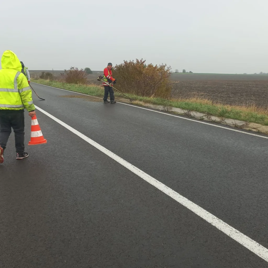 Робітники прибирають узбіччя дороги восени