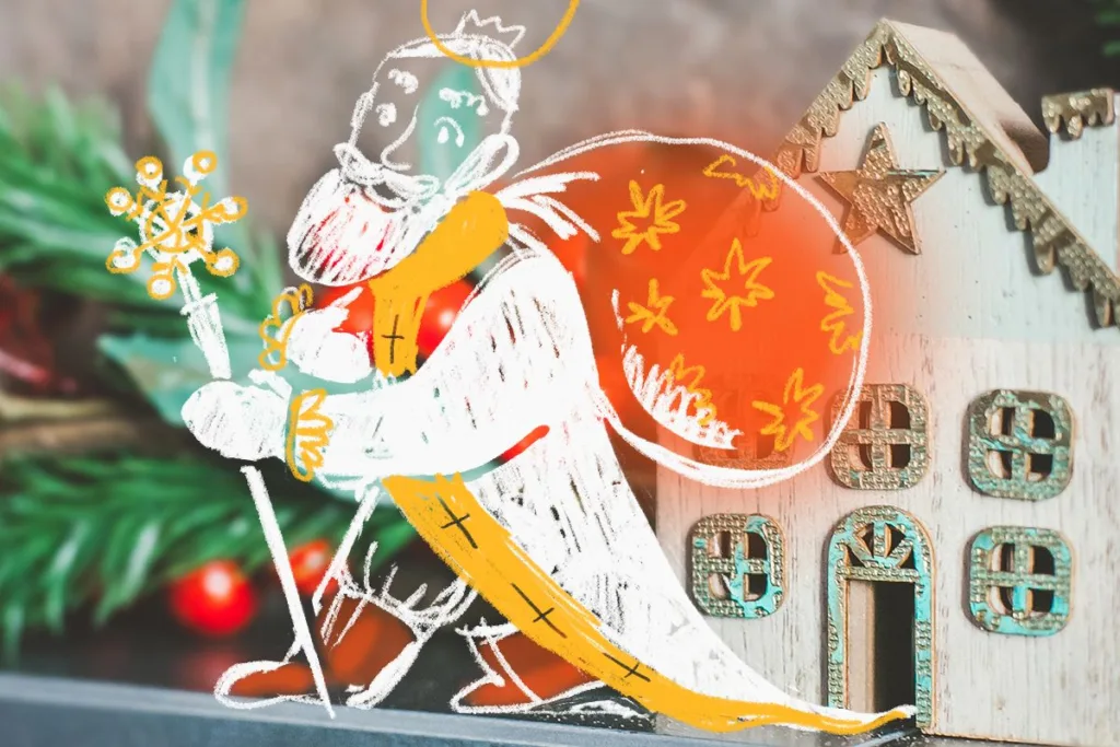 Святий Миколай із мішком біля дерев'яного будинку