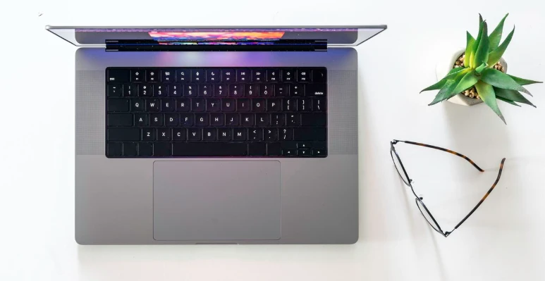 Ноутбук на столі з окулярами та рослиною