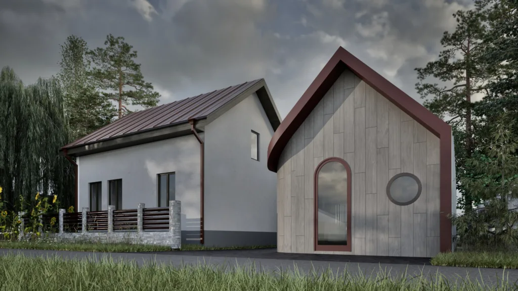 Сучасний приватний будинок з дерев’яним фасадом