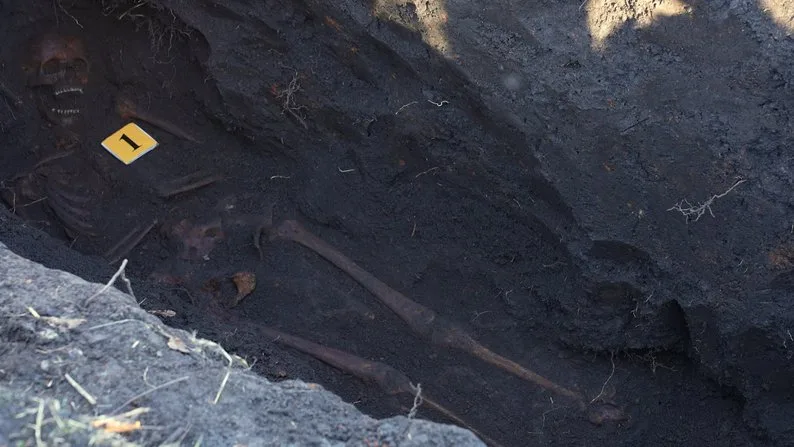 Скелет у землі під час археологічних розкопок