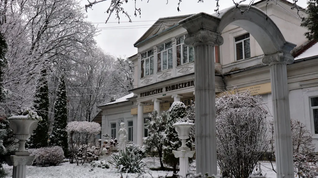 Засніжений історичний будинок із колонами взимку