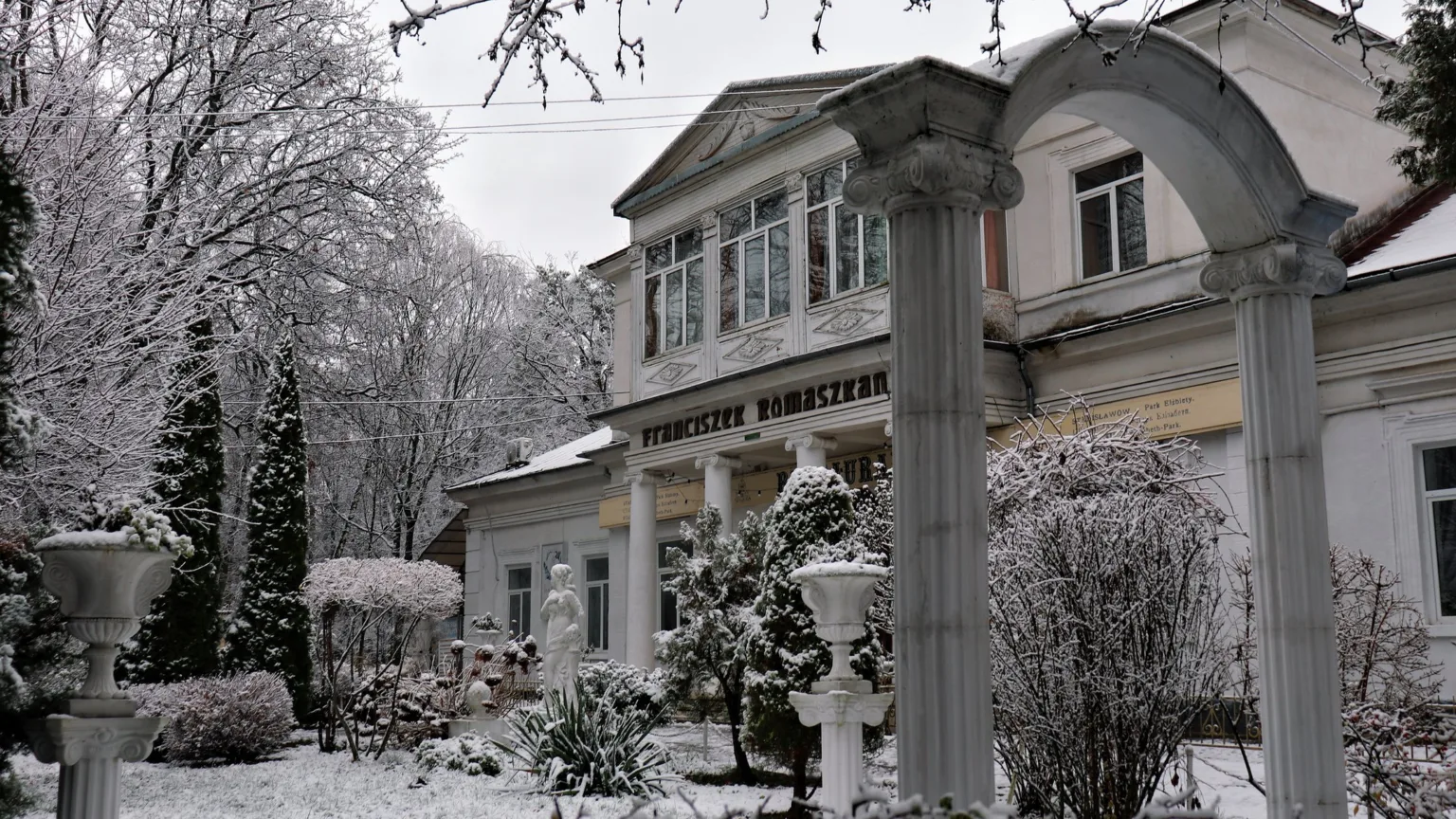 Засніжений історичний будинок із колонами взимку