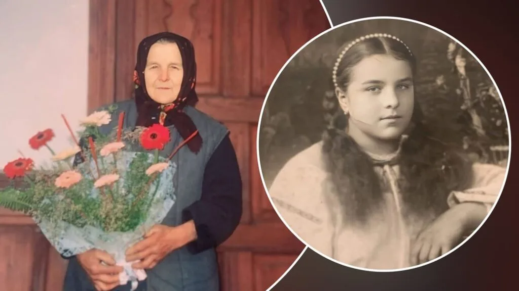 Жінка з квітами та її дитяче фото