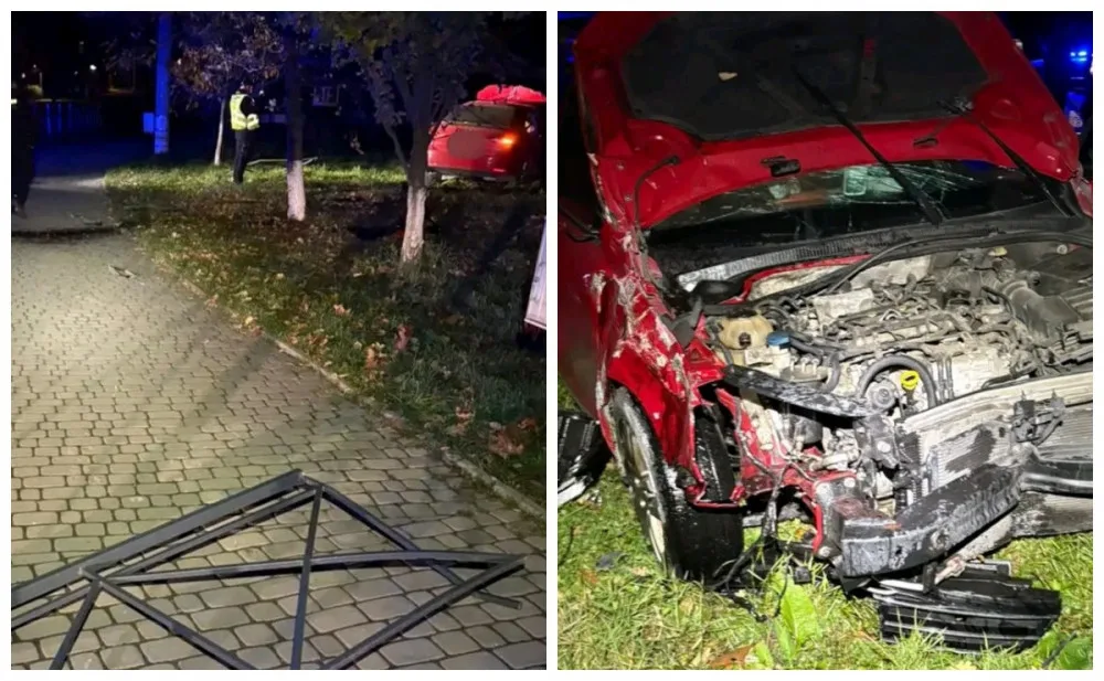 ДТП з червоним автомобілем уночі на тротуарі