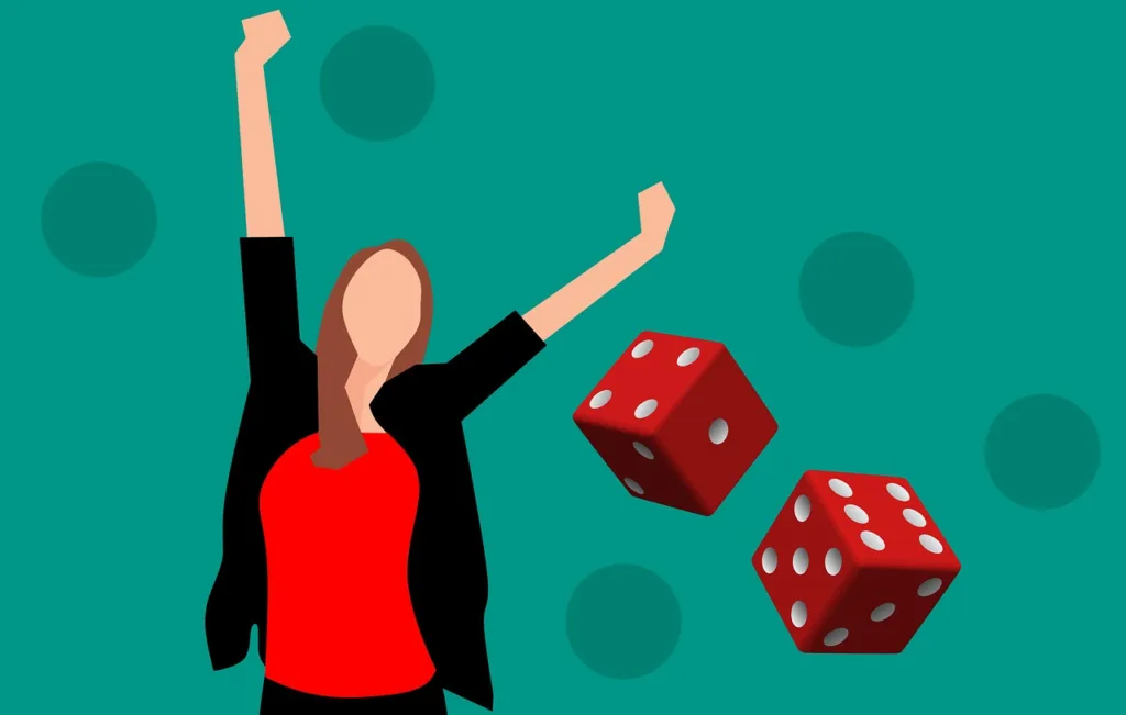 Жінка святкує виграш із червоними кубиками