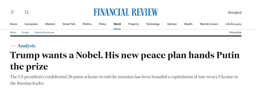 Стаття Financial Review про план миру Трампа