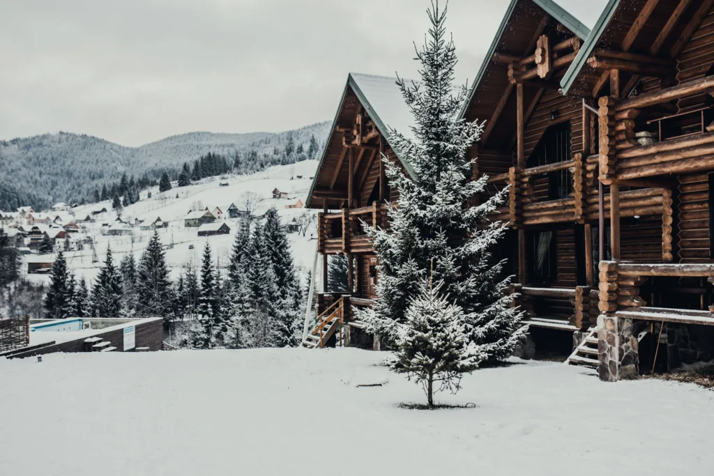 Зимовий пейзаж з дерев'яними будинками в горах