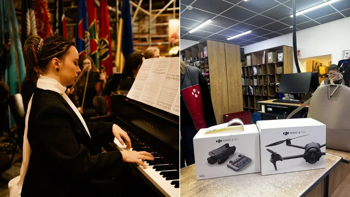 Піаністка грає, поруч коробки з дронами DJI