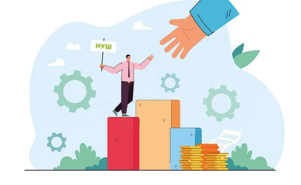 Людина з прапором НУШ стоїть на графіку успіху