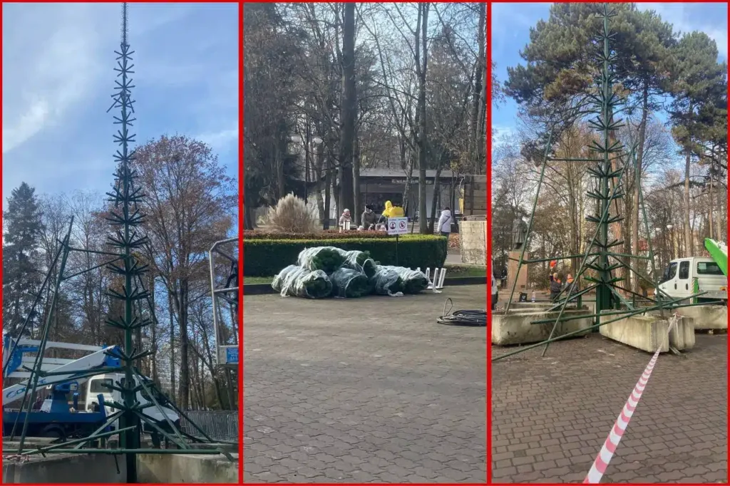 Монтаж новорічної ялинки у міському парку