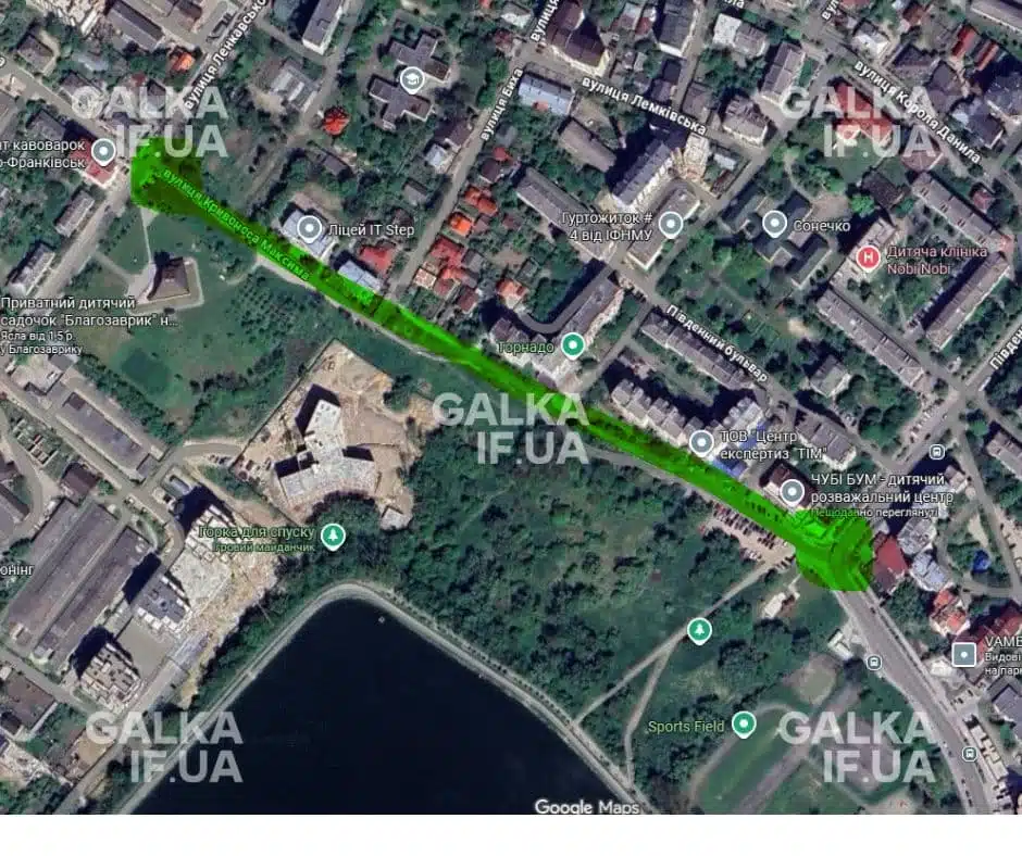 Карта Івано-Франківська з виділеною вулицею Левинського