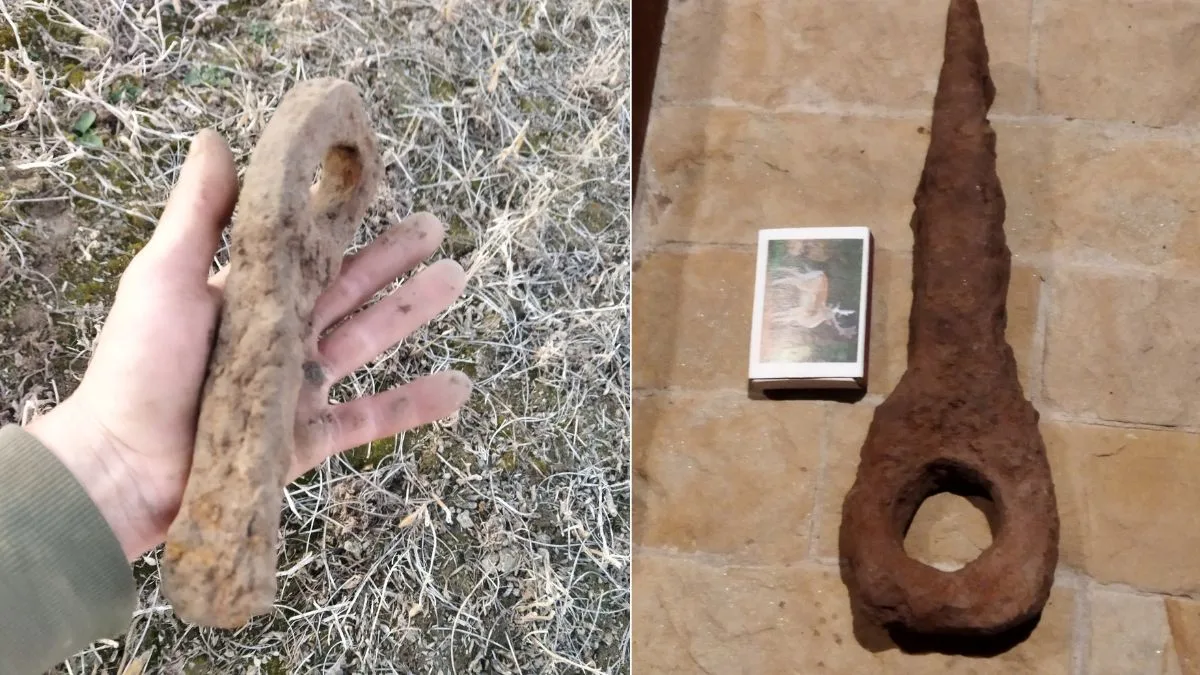 Іржавий металевий артефакт, знайдений у землі