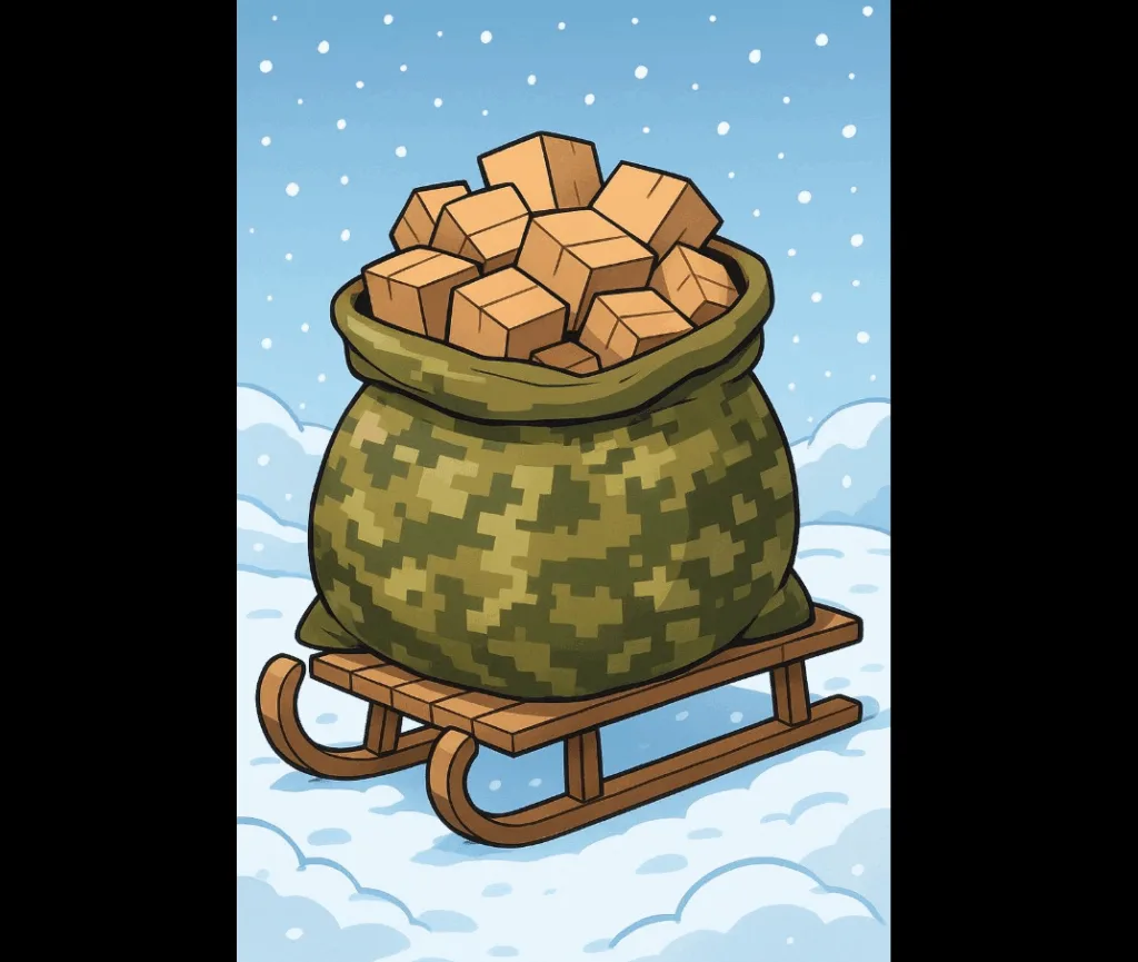 Мішок з кубами стоїть на санчатах у снігу