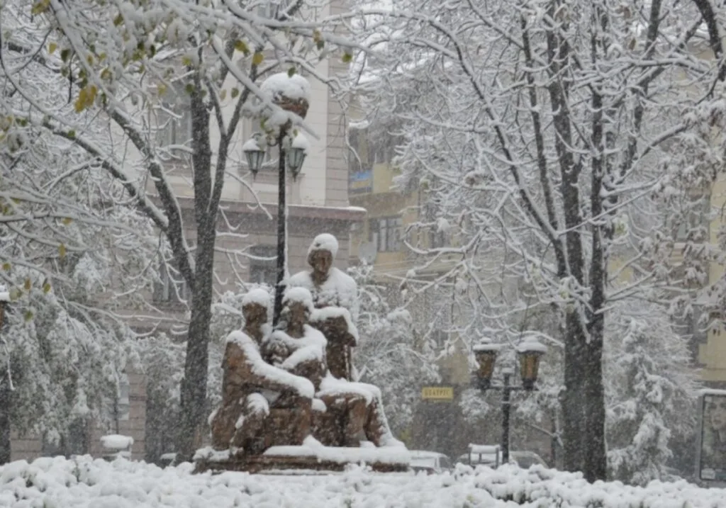 Засніжений парк із пам'ятником і деревами взимку