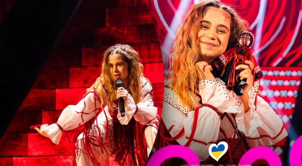 Дівчина співає на яскравій сцені Євробачення