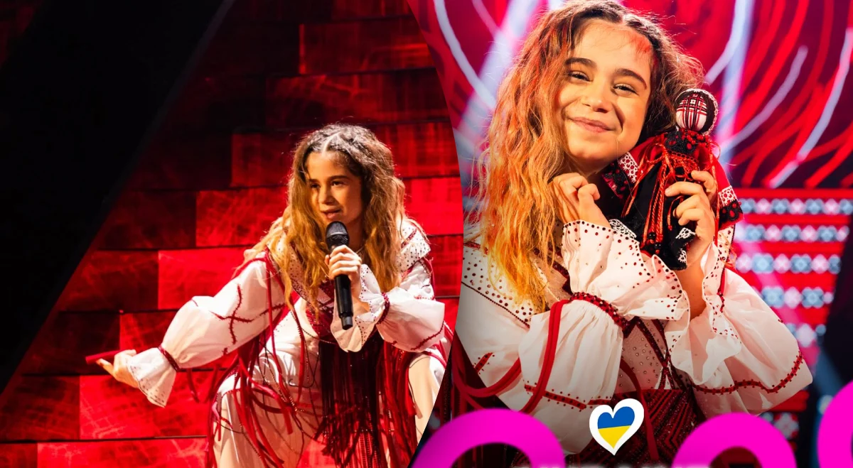 Дівчина співає на яскравій сцені Євробачення